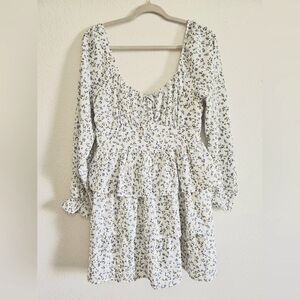 Floral White and Blue Women's Long Sleeve Dress